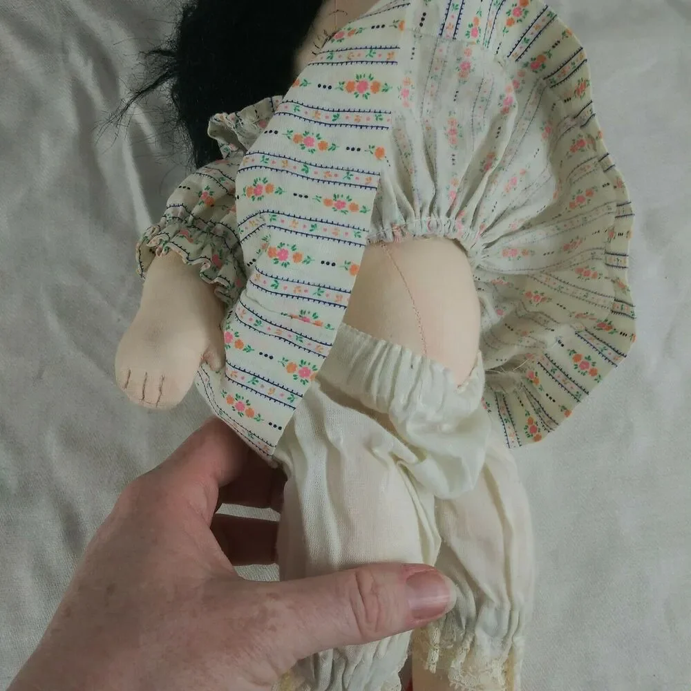 Full Cloth Stuffed Doll - Black Hair - Brown Painted Eyes - 13 inch - Big Eyes